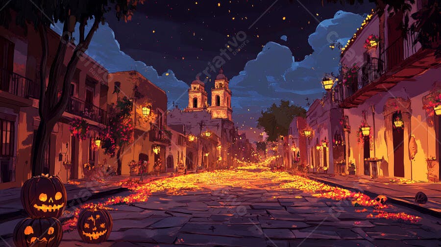 Rua festiva iluminada com flores de cempasúchil e abóboras Dia de Muertos
