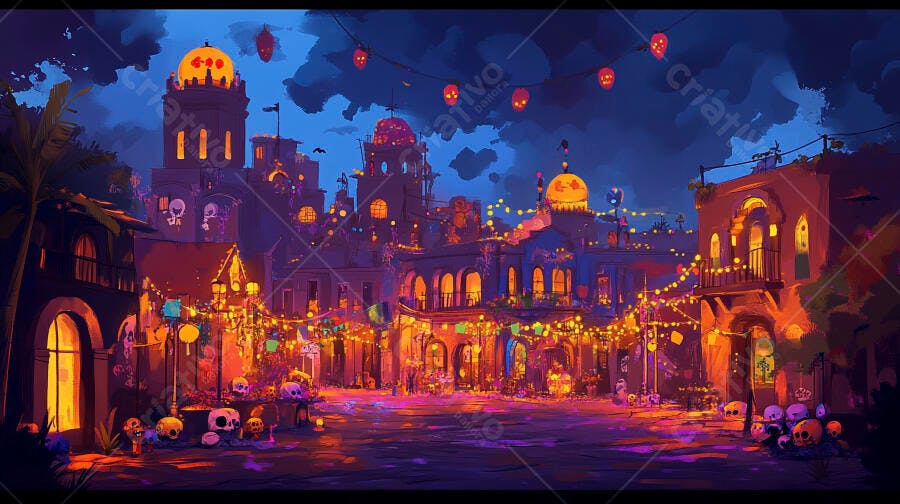Rua festiva Dia dos Mortos com luzes coloridas e caveiras à noite