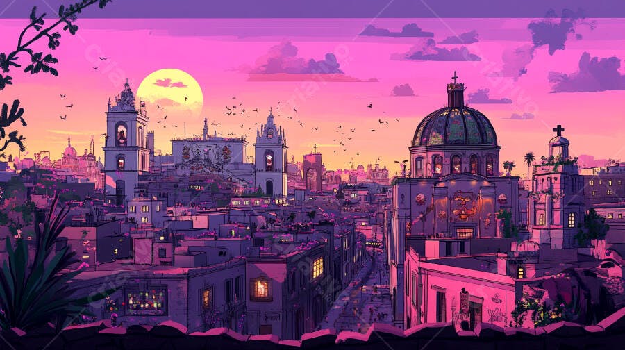 Cidade histórica ao pôr do sol roxo com igrejas e lua cheia brilhante