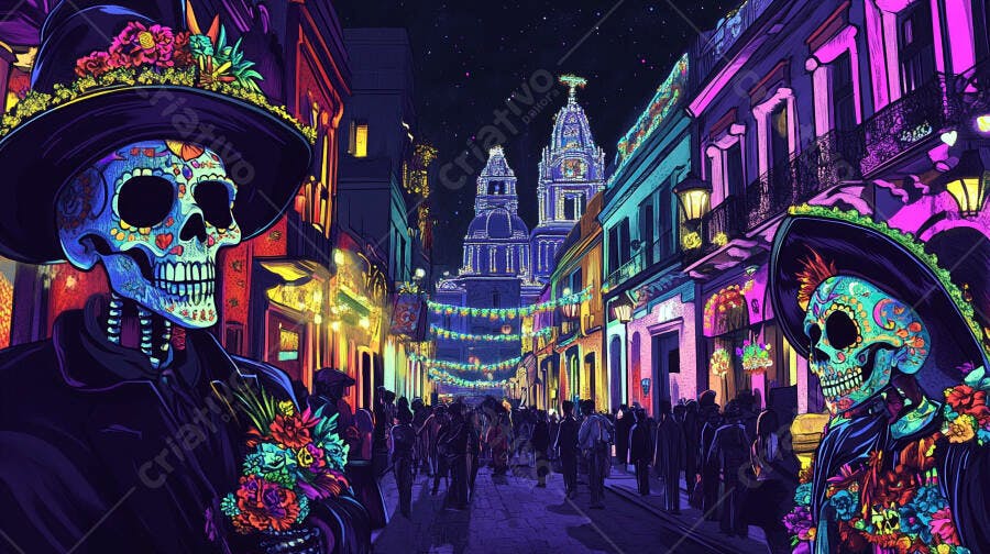Calaveras vibrantes em rua festiva mexicana à noite Dia dos Mortos
