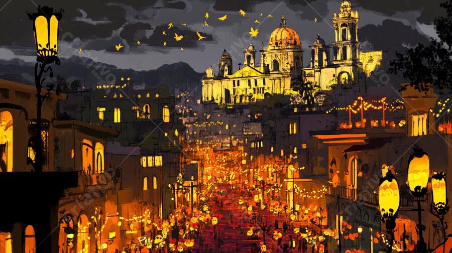 Cidade histórica iluminada com catedral e rua festiva à noite