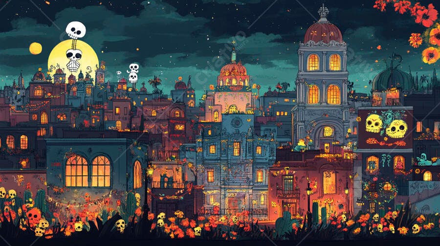 Cidade mexicana festiva noite Dia de Muertos com caveiras e flores vibrantes