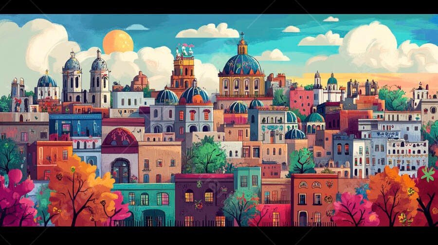 Cidade colorida com domos e casarões vibrantes sob sol ao entardecer ilustração