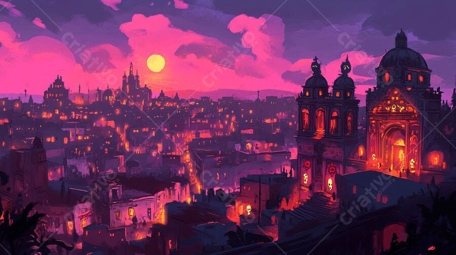 Cidade noturna fantástica com edifícios iluminados, céu rosa roxo e caveiras