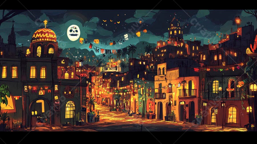 Cidade festiva noite iluminada com decorações vibrantes e lua de caveira
