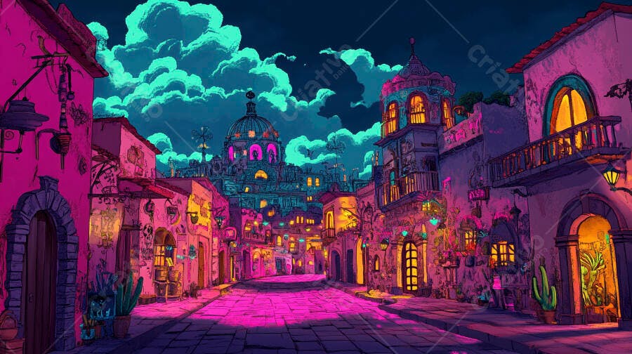 Rua noturna em cidade antiga com arquitetura vibrante e cúpula iluminada por neon