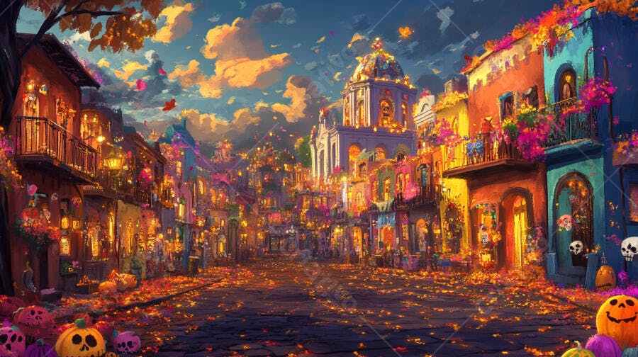 Rua festiva colorida com casas e igreja iluminadas Dia de los Muertos