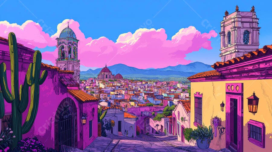 Cidade colorida vibrante com arquitetura mexicana e cactos sob céu rosa