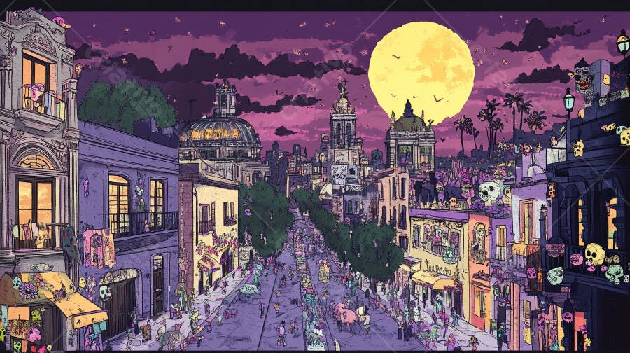 Rua festiva colorida com caveiras e lua cheia em celebração noturna