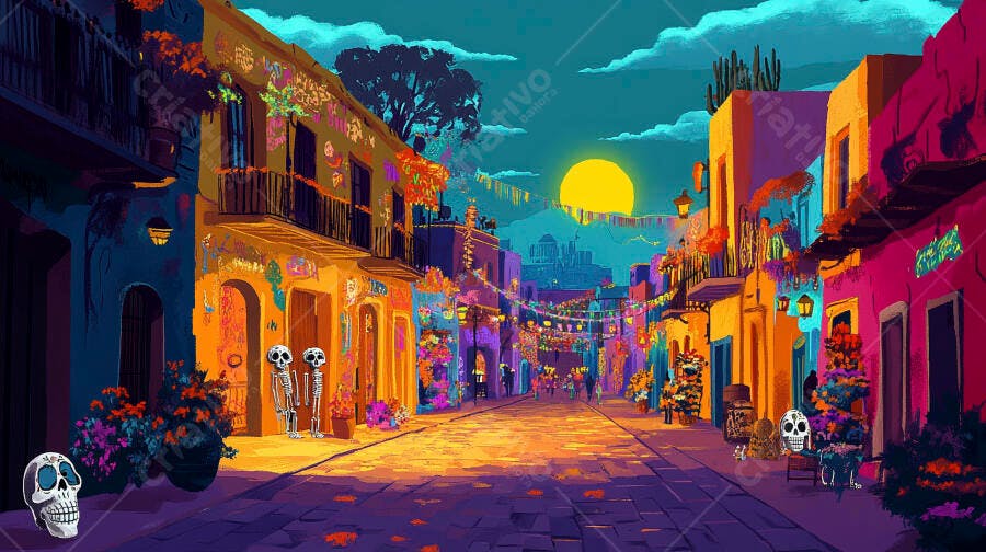 Rua mexicana colorida com decoração Dia de los Muertos ao pôr do sol