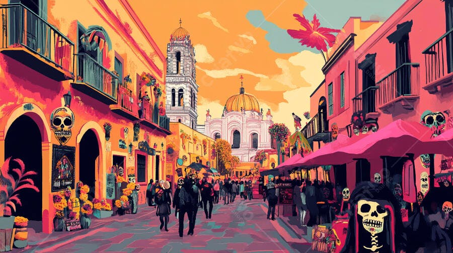Rua movimentada mexicana com decorações vibrantes de Dia dos Mortos