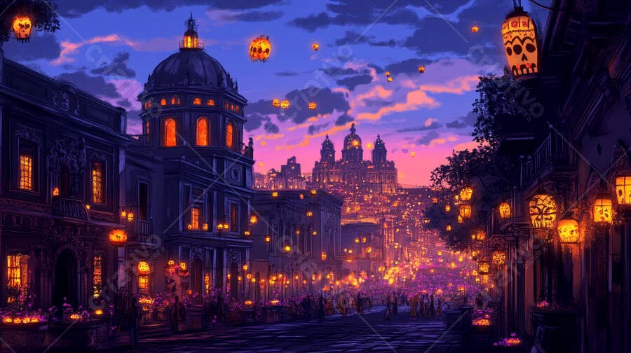 Cidade festiva com lanternas de caveira e luzes laranja sob céu roxo ao anoitecer