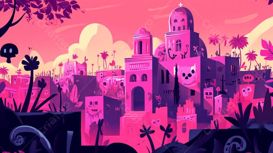 Cidade vibrante com arquitetura rosa e caveiras em arte digital festiva