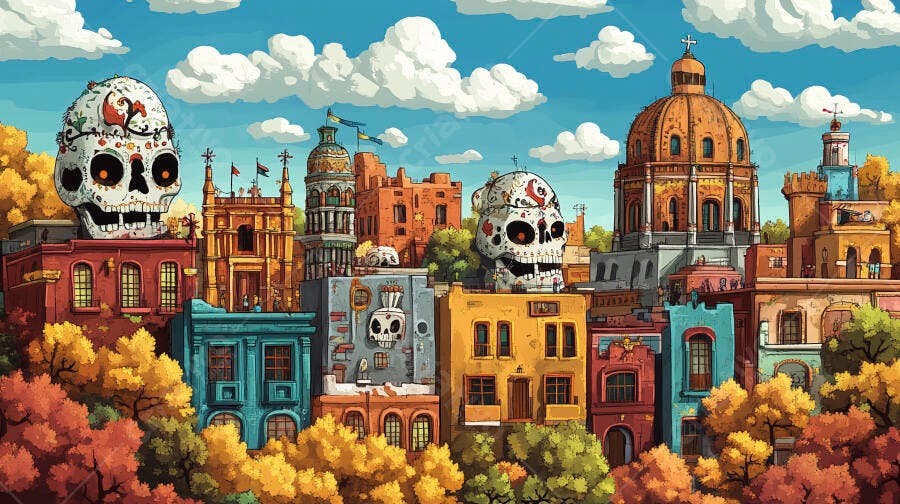 Calaveras mexicanas e edifícios coloridos em celebração do Dia dos Mortos