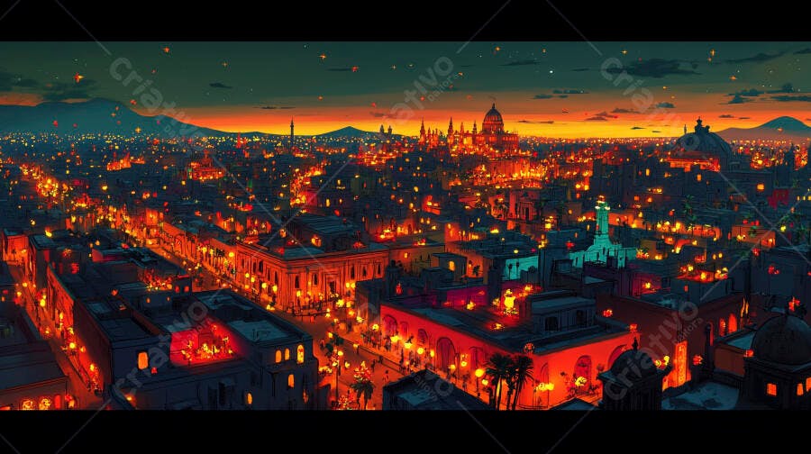 Cidade iluminada ao anoitecer com arquitetura histórica e céu estrelado vibrante