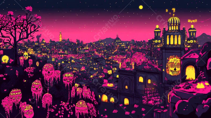 Cidade noturna vibrante com caveiras mexicanas e luzes rosas de Dia de Muertos