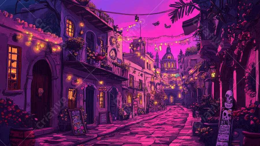 Rua cidade mexicana vibrante com luzes roxas e decorações de caveiras Dia dos Mortos