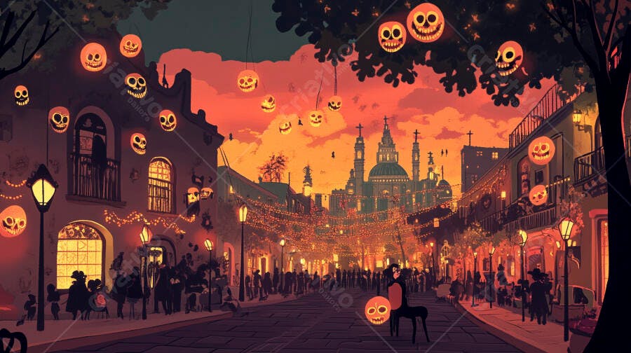 Celebração Dia de Muertos rua colonial iluminada com lanternas de caveira