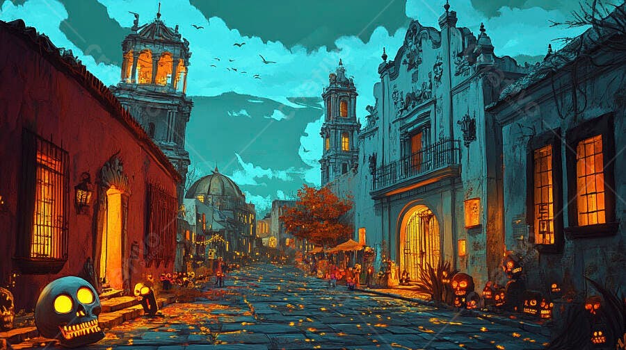 Rua de cidade colonial noturna decorada Dia de los Muertos com caveiras e luzes