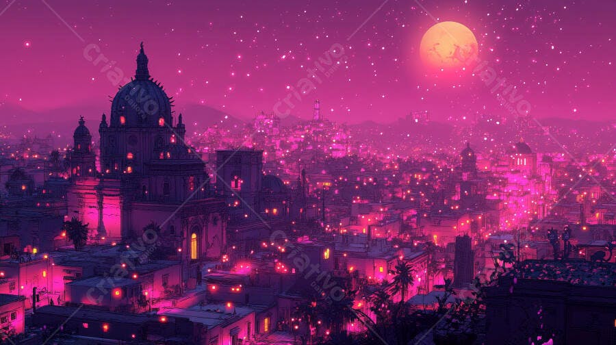 Cidade iluminada com lua e estrelas no céu rosa magenta noturno