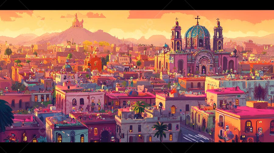 Cidade vibrante mexicana ao pôr do sol arquitetura colonial e igreja colorida