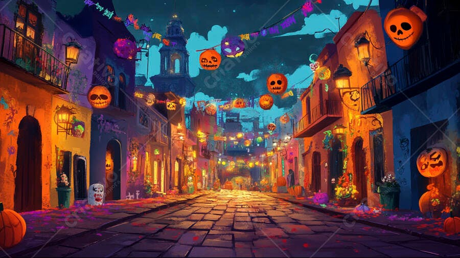 Rua colorida com lanternas de abóbora e decorações de Halloween à noite