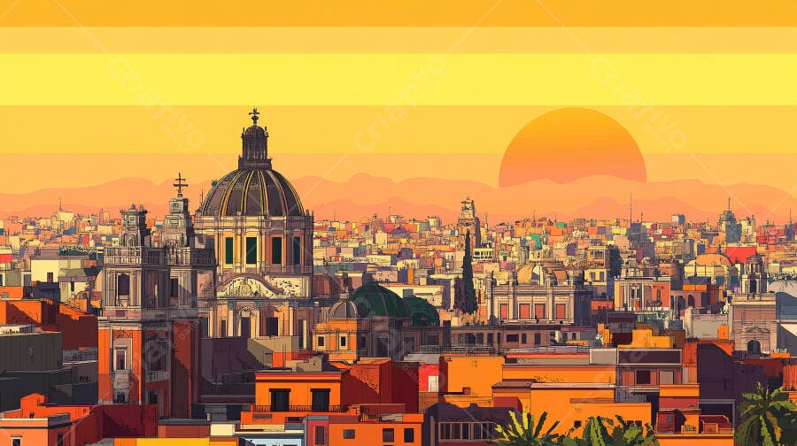 Cidade europeia ao pôr do sol com catedral e montanhas no horizonte ilustração vetor
