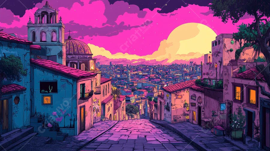Cidade vibrante com rua de paralelepípedos e pôr do sol rosa intenso