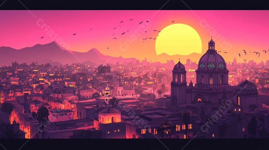 Panorama urbano com catedral ao pôr do sol cores rosa e roxo