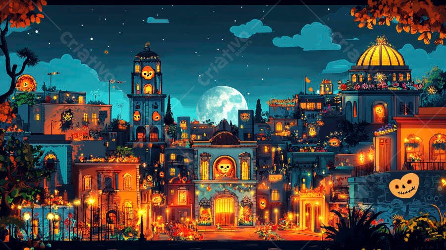 Cidade mexicana colorida em festival noturno Dia dos Mortos com lua cheia
