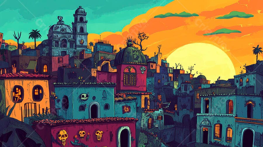 Cidade mexicana vibrante ao pôr do sol arquitetura colorida com detalhes de crânios