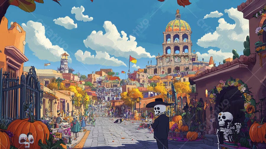Celebração Dia de Muertos em cidade mexicana com esqueletos e abóboras coloridas