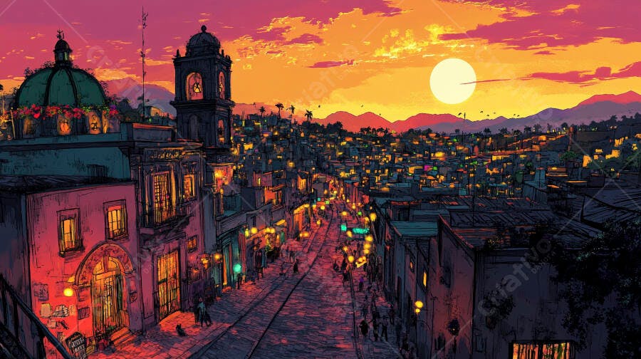 Cidade vibrante ao pôr do sol arquitetura colorida com pessoas na rua