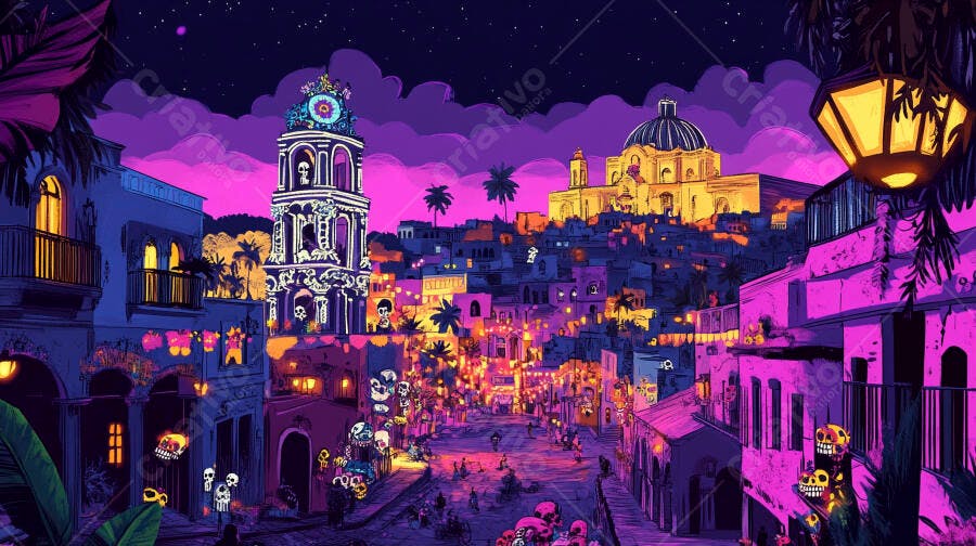 Cidade mexicana colorida celebrando Dia dos Mortos à noite festiva