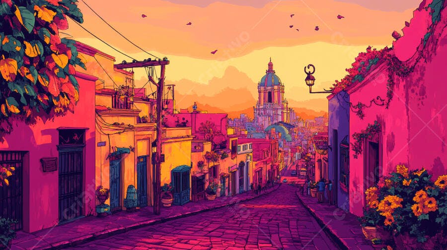 Rua colorida em cidade histórica com cúpula ao pôr do sol