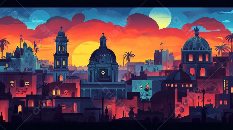 Pôr do sol vibrante em cidade mexicana com torres domos e caveiras Dia de los Muertos