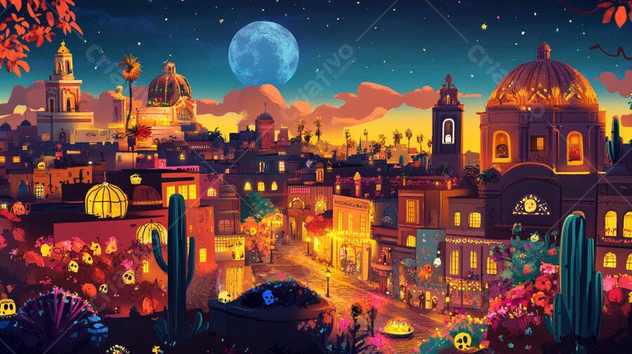 Cidade mexicana festiva noturna com cactos e calaveras sob lua cheia vibrante
