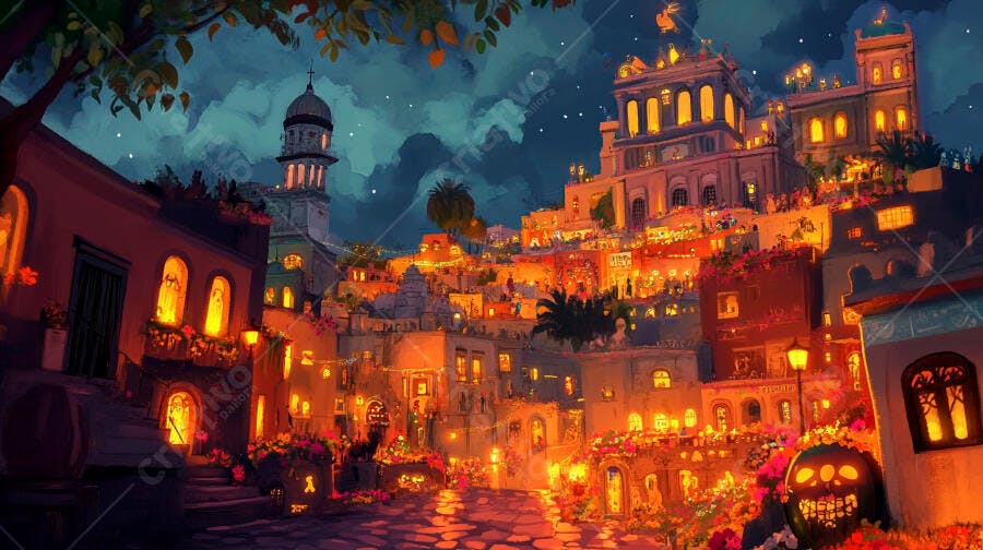 Cidade festiva iluminada à noite com arquitetura colonial colorida