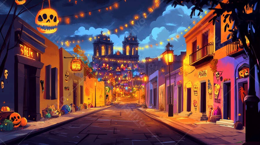 Celebração Dia dos Mortos rua mexicana colorida à noite com luzes e caveiras
