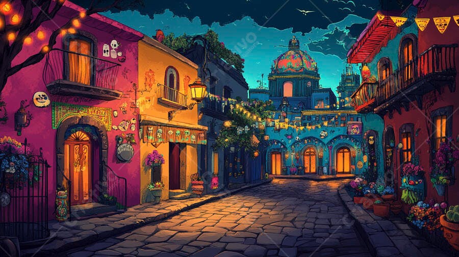 Rua colorida noturna em cidade mexicana com decorações festivas brilhantes