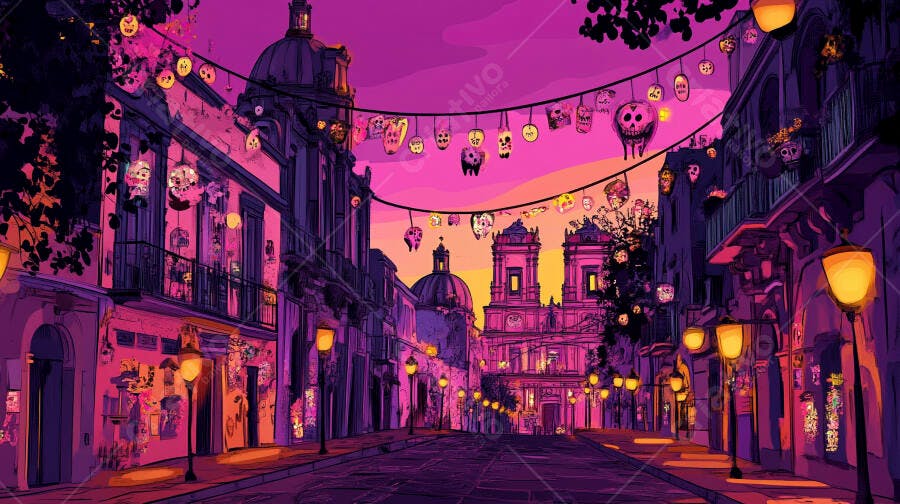 Rua de cidade mexicana decorada para Dia de Muertos ao anoitecer