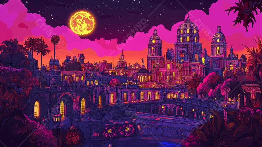 Cidade noturna vibrante com céu magenta lua cheia e arquitetura detalhada