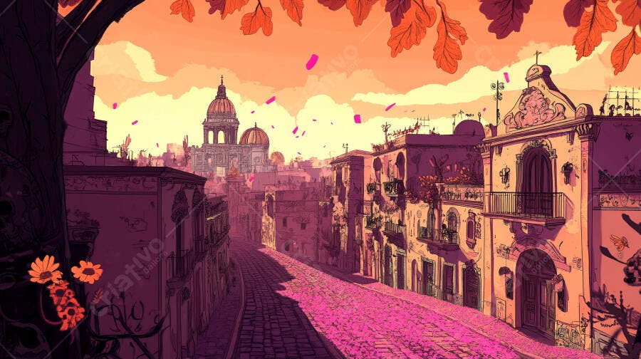 Paisagem urbana antiga com rua rosa ao entardecer e arquitetura barroca