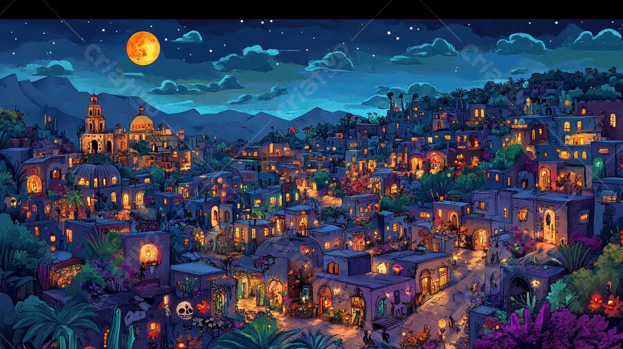 Cidade mexicana iluminada à noite sob lua cheia vibrante