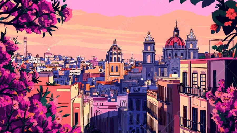 Vista urbana vibrante com igrejas e flores magenta em tons de pôr do sol