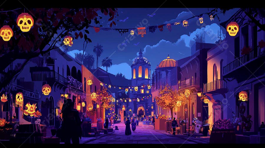 Rua mexicana colorida iluminada com lanternas de caveira para Dia dos Mortos