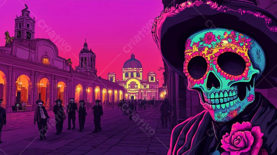 Calavera mexicana colorida com chapéu e rosa em rua com edifícios históricos na noite