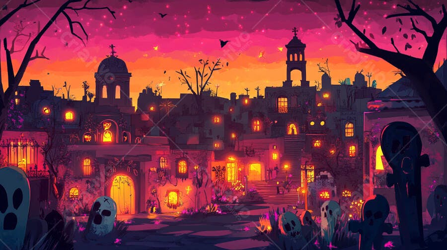 Cidade fantasma iluminada com fantasmas e caveiras para Halloween ou Dia dos Mortos