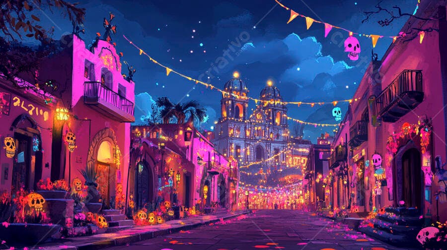 Rua mexicana noturna festiva Dia dos Mortos com calaveras e igreja iluminada