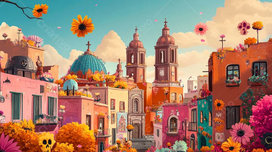 Vibrante cidade mexicana com igrejas coloridas e decorações de Dia de Muertos